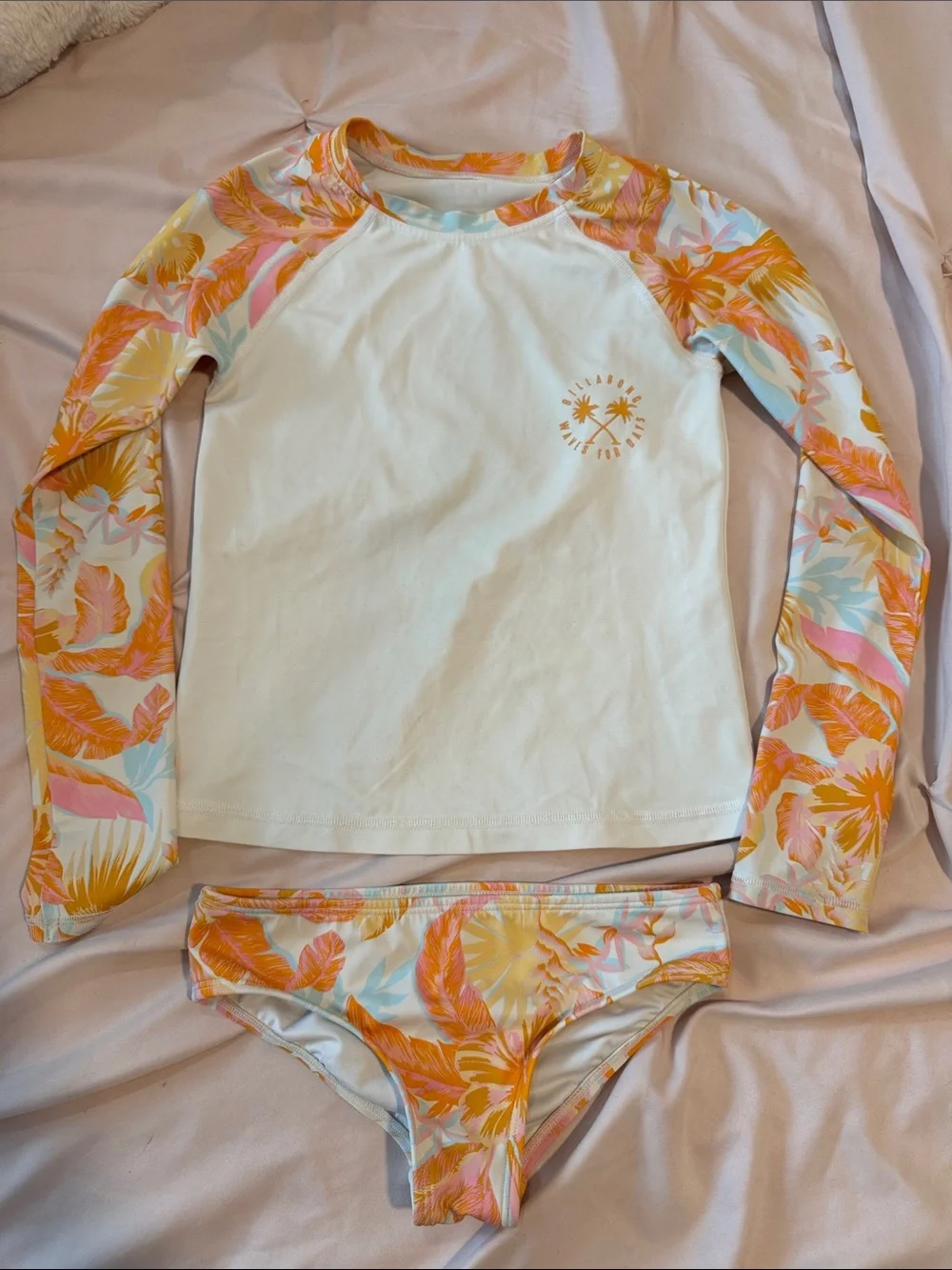 Billabong White Rashguard with Orange Floral Sleeves & Matching Bottoms